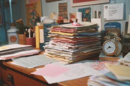 A desk with a lot of papers and a clock photo