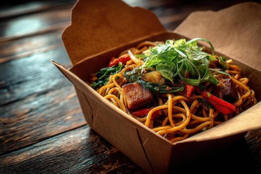 A box with noodles and vegetables in it photo