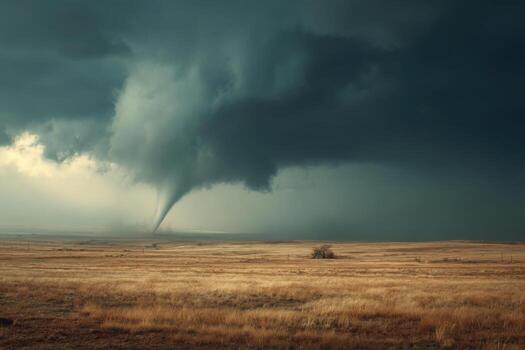 A tornado is seen in the distance over a field photo