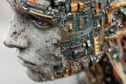 A robot head with electronic components on it photo