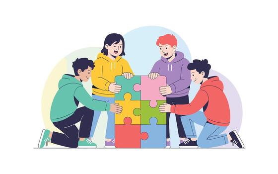 Teamwork and Collaboration Diverse Young Adults Solve a Colorful Puzzle Together, Representing Problem Solving and Partnership in a Modern, CartoonStyle Illustration vector