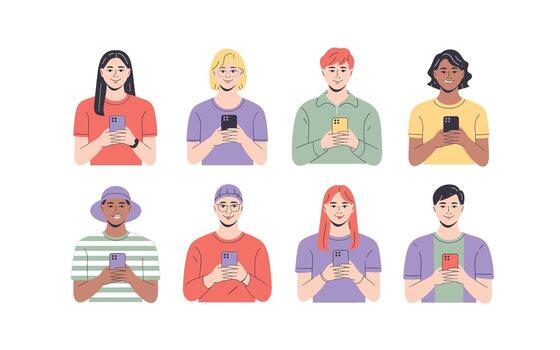 Diverse Group of People Using Smartphones, Communication and Technology Concept, Illustration with White Background, Connectivity and Social Networking vector