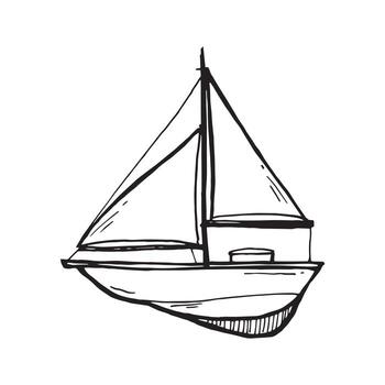 Whimsical sketch of sailboat with one mast, two triangular sails and visible hatch. Playful design perfect for nautical decor, childrens books, toys, and marine-themed projects. vector
