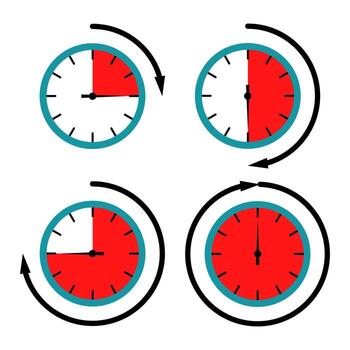 Clock Time Rotation Infographic. Illustration of Hour Progression. Different time intervals with distinct red shaded segments. vector