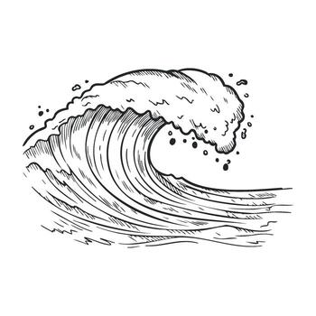 Black and white ocean wave line drawing with dynamic curl and sea details vector