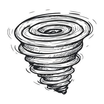 Hand-drawn spiral tornado black and white sketch with swirling lines and dynamic motion vector