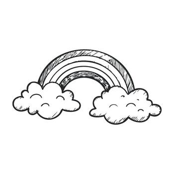 dibujado a mano arco iris con sonriente nubes en negro y blanco bosquejo estilo vector