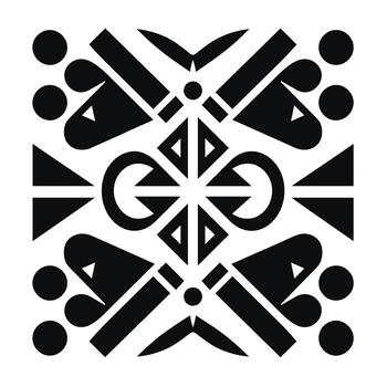 Bold geometric pattern featuring abstract shapes and figures in black and white vector