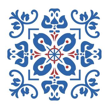 Intricate floral design in blue, red, and white with symmetrical patterns vector