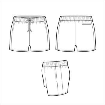 Shorts technical flat sketch, cad drawing with drawstring waist, elastic band, fashion apparel design. vector