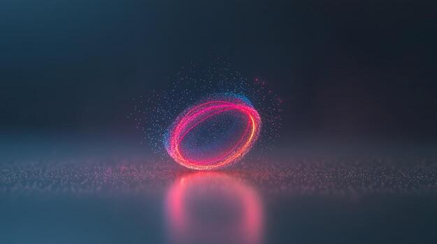 Vibrant swirling light orb with glowing particles on a smooth surface, creating a dynamic visual photo