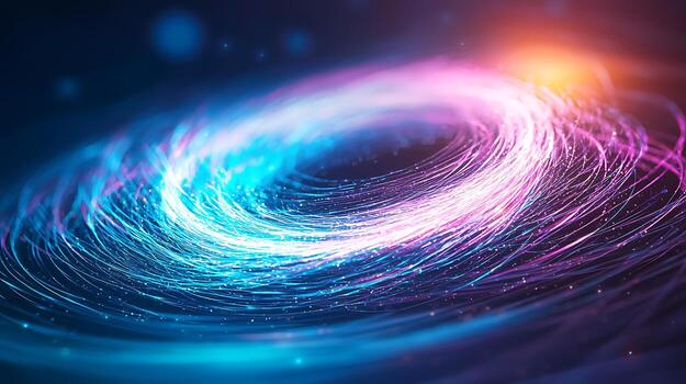 Vibrant swirling light patterns creating a dynamic cosmic effect with glowing particles photo