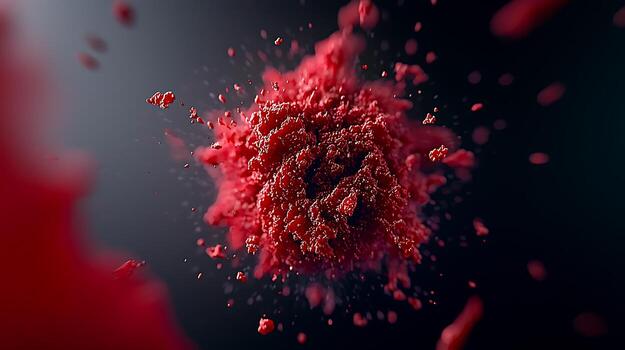 Vivid explosion of red pigment particles creating a dynamic visual effect against a dark backdrop photo