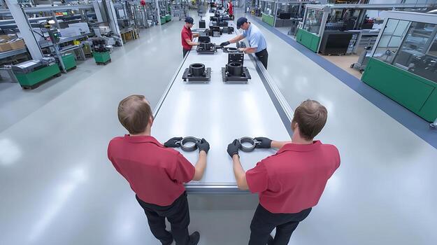 Workers collaborating on an assembly line in a modern factory, focused on efficiency and teamwork photo