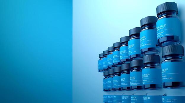 A collection of blue vials arranged in a modern setting with a gradient background photo