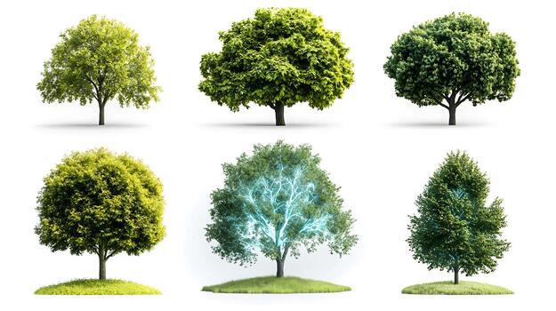 A collection of six distinct trees showcasing various shades of green and unique features in a clear setting photo
