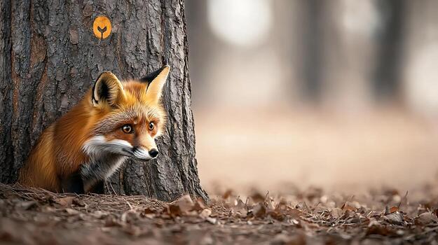 A curious red fox peeking from behind a tree in a serene forest setting during autumn photo