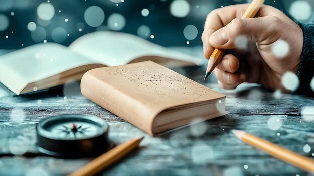 A person writes in a notebook while surrounded by a compass and pencils, with a snowy background photo