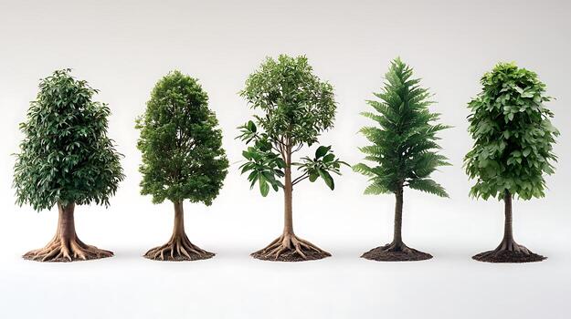 A series of five distinct tree models showcasing varying foliage and root structures, ideal for design photo