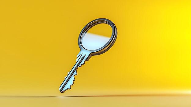 A shiny, modern key floating against a vibrant yellow background, symbolizing access and security photo