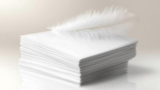 A stack of pristine white papers with a delicate feather resting on top, creating a serene atmosphere photo