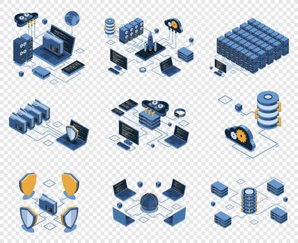 conjunto de isométrica moderno tecnología para nube informática, centro de datos, base de datos, artificial inteligencia, y blockchain tecnología. isométrica tecnología, vector