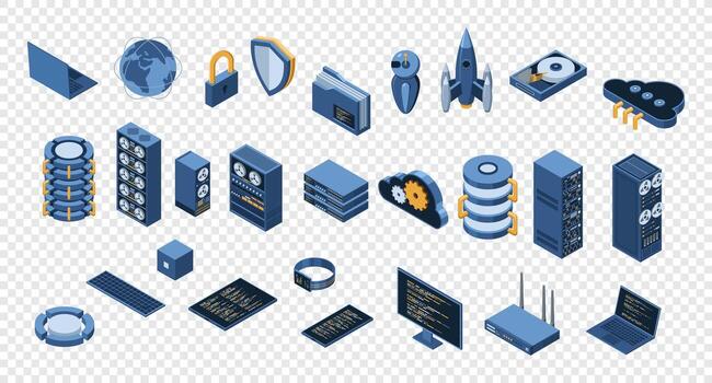 conjunto de isométrica computadora tecnología. isométrica conjunto servidor equipo. nube red y base de datos plataforma. isométrica vector