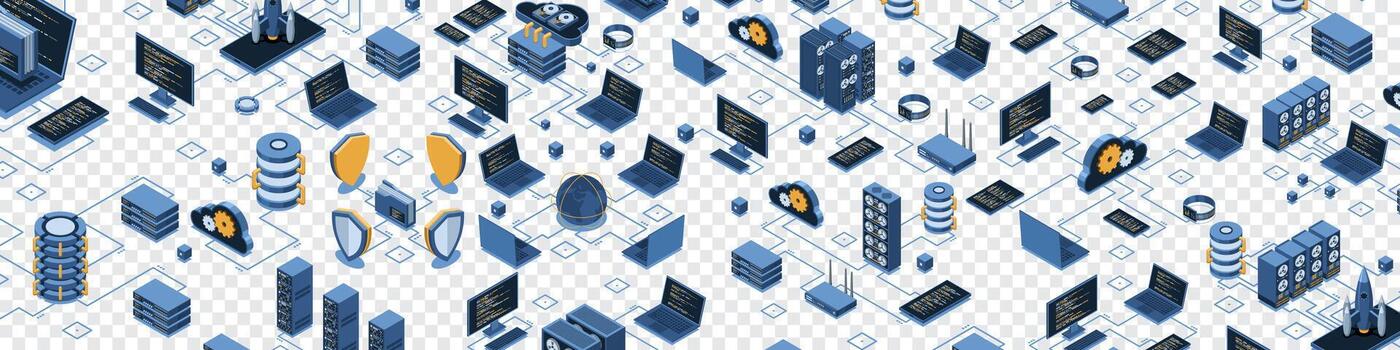 isométrica red gestión. nube almacenamiento datos y sincronización de dispositivos. redes, base de datos, nube almacenamiento vector