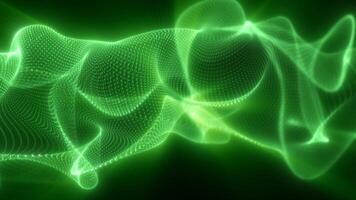 Vivid green digital waves composed of glowing particles twist and flow through a dark background in abstract motion video