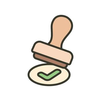 A cartoon icon of a hand stamp with a checkmark on its base, representing an official stamp of approval or verification. vector