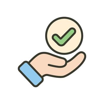 A cartoon icon of a hand holding a checkmark badge inside a circle, symbolizing the act of giving or receiving verification or approval. vector