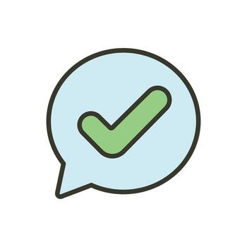 A cartoon icon of a checkmark inside a speech bubble, representing a verified comment, message, or online user. vector