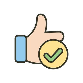 un dibujos animados icono de un mano dando un Pulgares hacia arriba firmar con un marca de verificación Insignia en él, representando positivo aprobación y verificación. vector