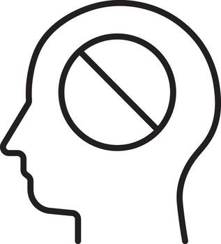 Silhouette head profile, bold black outline, with prohibition sign inside brain area, symbolizing mental block, restriction, or forbidden thoughts, on transparency background vector