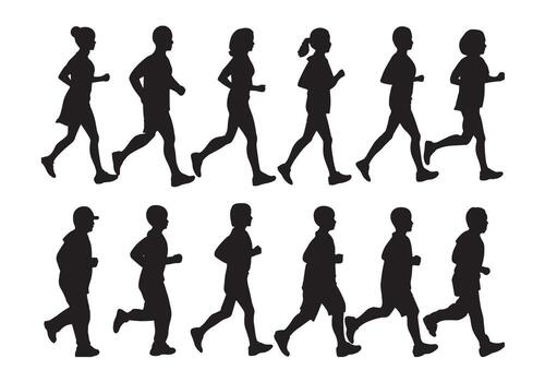 a group of people running in different positions vector