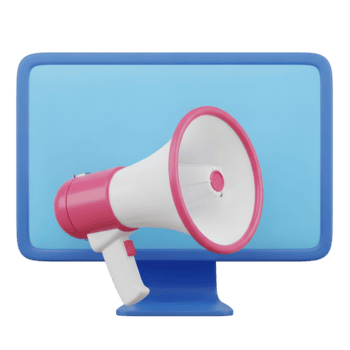 en stiliserade bild av en dator övervaka med en rosa och vit megafon i främre av de skärm visa png