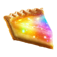 mágico arco iris tarta con brillante vidriado superficie, cósmico destellos, y vibrante encantado colores en transparente antecedentes png