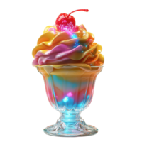 brillante fantasía helados con multicolor cremoso remolinos, vaso platos, y cósmico postre estético en transparente antecedentes png