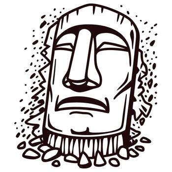 Carved stone head with angular features and deep set eyes in bold black outline vector