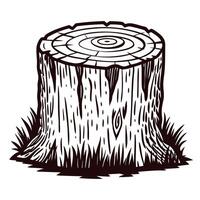 Hand drawn tree stump illustration with detailed wood texture and grass isolated on white background vector