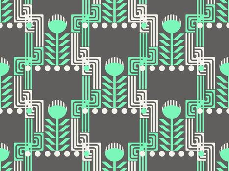 Stylized floral geometric forms of geometric curved, Symmetrical line motifs and repeat create clean, modern, decorative surface design. vector