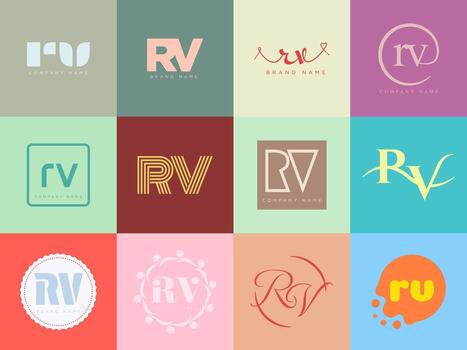 RV logo template. Letter r and v logotype. Set different classic serif lettering and modern bold text with design elements. Initial font typography. vector