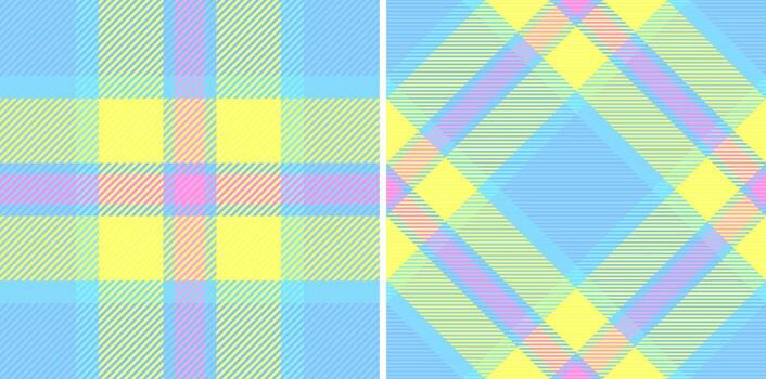 Pastel plaid patterns, perfect for cheerful designs. Two vibrant variations offer versatility a classic grid and a dynamic diagonal. Ideal for textiles, websites, branding, and stationery. vector