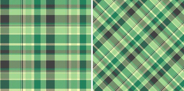 Two vibrant green plaid patterns, showcasing classic and diagonal designs. Perfect for textile design, web backgrounds, or crafting projects. vector