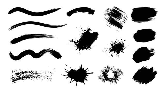 Dynamic grunge brush strokes and splatter collection for creative design elements and artistic textures vector