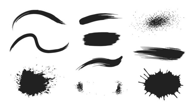 Dynamic black brush strokes and ink splatters offer artistic design elements for creative projects. vector