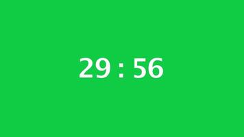 Digital countdown timer with a green screen background. Time counts down from 30 minute to 29 minute. video