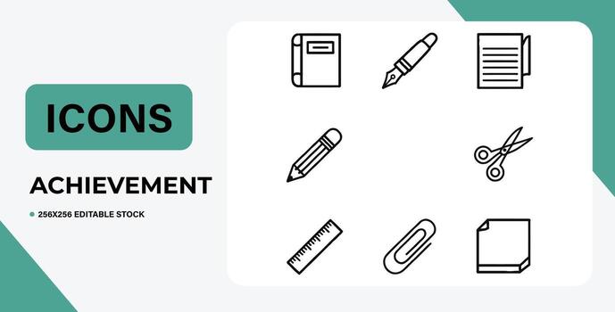 Arte de un colección de moderno plano íconos representando logro y varios usuario interfaz elementos, aislado en un blanco antecedentes vector