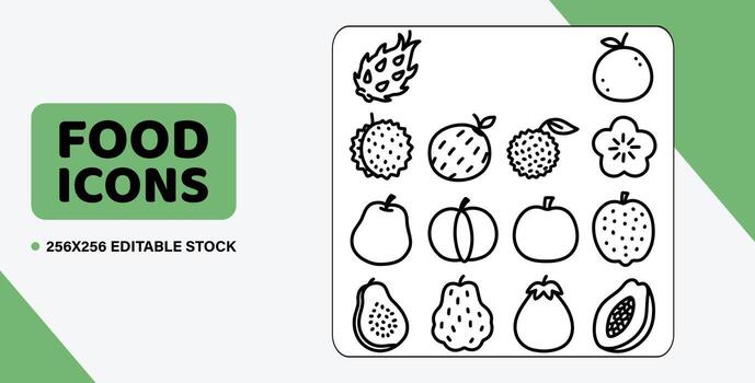 Art of food icons set featuring various fruits like raspberries, blueberries, apples, and abstract shapes, isolated on a white background vector