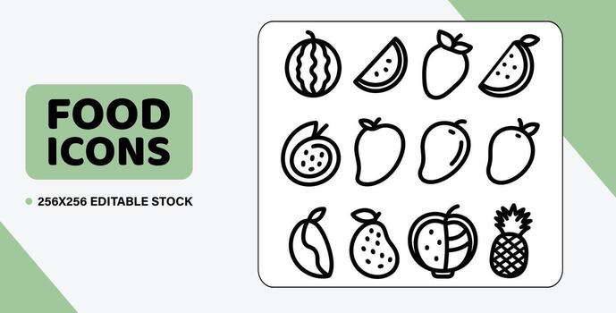 Art of set of nine simple outline food icons featuring apples, pears, oranges, and strawberries, isolated on white background vector